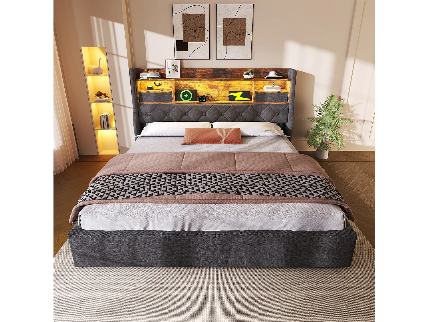 Gestoffeerd bed 140x200 cm van grijs linnen met opbergruimte, LED-hoofdbord en USB/Type-C, incl. matras