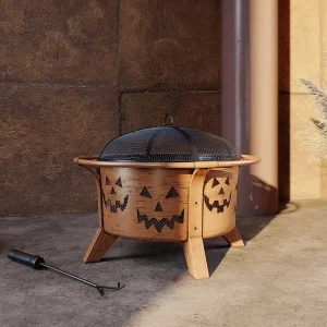 HEKLA 76cm koperen stalen vakantievuurkorf met vonkenscherm en pook – Jack-o-lanternmotief HEKLA 76cm koperen stalen vakantievuurkorf met vonkenscherm en pook – Jack-o-lanternmotief