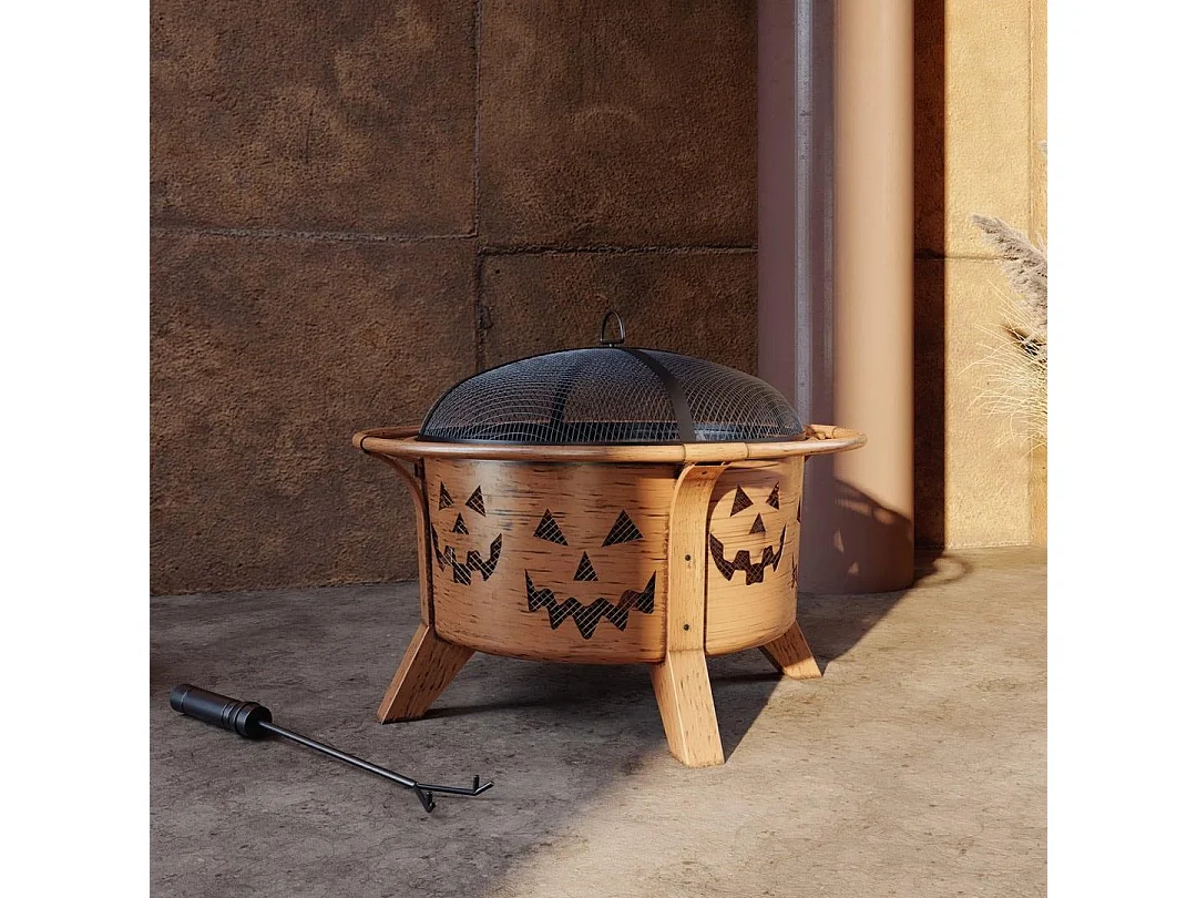 HEKLA 76cm koperen stalen vakantievuurkorf met vonkenscherm en pook - Jack-o-lanternmotief