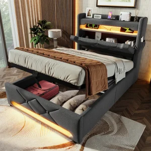 Gestoffeerd opbergbed 90×200 cm – met LED en USB-oplaadpoorten – Linnenstof – Hoofdeinde met opbergruimte – Grijs Gestoffeerd opbergbed 90×200 cm – met LED en USB-oplaadpoorten – Linnenstof – Hoofdeinde met opbergruimte – Grijs