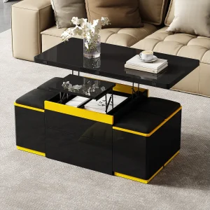Glanzende salontafel met opklapbaar blad – 100 x 50 x 43 cm – opklapbaar woonkamermeubel met lades – MDF en spaanplaat – zwart