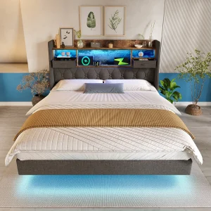 Gestoopt volwassen bed 140x200cm – met LED-verlichting – met 1 Type-C-poort en 3 USB-poorten – hoofdeinde met opbergruimte – linnen – Grijs Gestoopt volwassen bed 140x200cm – met LED-verlichting – met 1 Type-C-poort en 3 USB-poorten – hoofdeinde met opbergruimte – linnen – Grijs