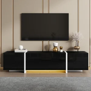 Glanzende tv-kast – 170 x 30 x 39 cm – met 4 deuren + 1 lade – contrasterende poten – spaanplaat – zwart Glanzende tv-kast – 170 x 30 x 39 cm – met 4 deuren + 1 lade – contrasterende poten – spaanplaat – zwart