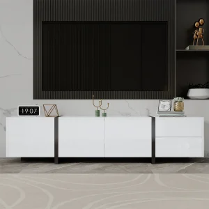 Glanzende tv-kast – 170 x 30 x 39 cm – met 4 deuren + 1 lade – contrasterende poten – spaanplaat – wit Glanzende tv-kast – 170 x 30 x 39 cm – met 4 deuren + 1 lade – contrasterende poten – spaanplaat – wit