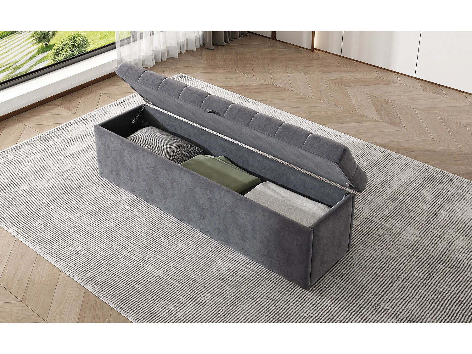 Grijze fluwelen kruk met opbergruimte, 138 x 41 x 42 cm