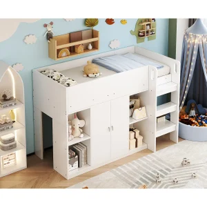 Halfhoog bed 90x200cm met kledingkast en planken – Wit Halfhoog bed 90x200cm met kledingkast en planken – Wit