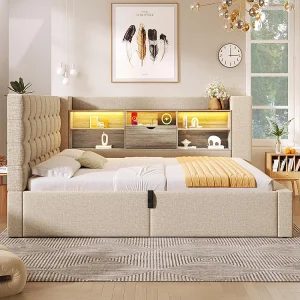 Gestoffeerd bed met ledverlichting, hydraulisch opbergsysteem, aan beide zijden verstelbaar, linnen stof, beige (zonder matras) – 140 x 200 cm