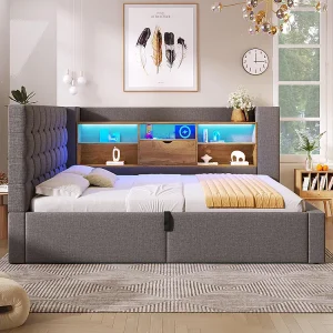 Gestoffeerd bed met ledverlichting, hydraulisch opbergsysteem, aan beide zijden verstelbaar, linnen stof, grijs (zonder matras) – 140 x 200 cm