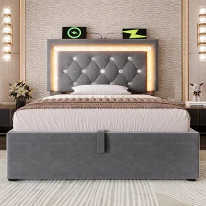 Gestoffeerd bed, hoofdeinde met LED-diamantstrip, USB- en Type-C-oplaadstation, fluweel, grijs (zonder matras) – 90×200 cm Gestoffeerd bed, hoofdeinde met LED-diamantstrip, USB- en Type-C-oplaadstation, fluweel, grijs (zonder matras) – 90×200 cm