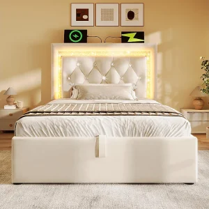 Gestoffeerd bed, hoofdeinde met LED-diamantstrip, USB- en Type-C-oplaadstation, fluweel, beige (zonder matras) – 90×200 cm Gestoffeerd bed, hoofdeinde met LED-diamantstrip, USB- en Type-C-oplaadstation, fluweel, beige (zonder matras) – 90×200 cm