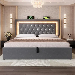 Gestoffeerd bed, hoofdeinde met LED-diamantstrip, USB- en Type-C-oplaadstation, fluweel, grijs (zonder matras) – 160 x 200 cm Gestoffeerd bed, hoofdeinde met LED-diamantstrip, USB- en Type-C-oplaadstation, fluweel, grijs (zonder matras) – 160 x 200 cm