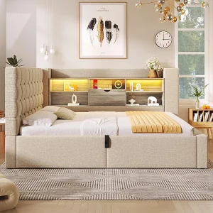 Gestoffeerd bed met ledverlichting, hydraulisch opbergsysteem, aan beide zijden verstelbaar, linnen stof, beige (zonder matras) – 90 x 190 cm