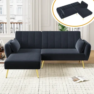 Hoekbank 191.5×130.5x80cm slaapbank modern multifunctioneel fluweel voor woonkamer zwart Hoekbank 191.5×130.5x80cm slaapbank modern multifunctioneel fluweel voor woonkamer zwart