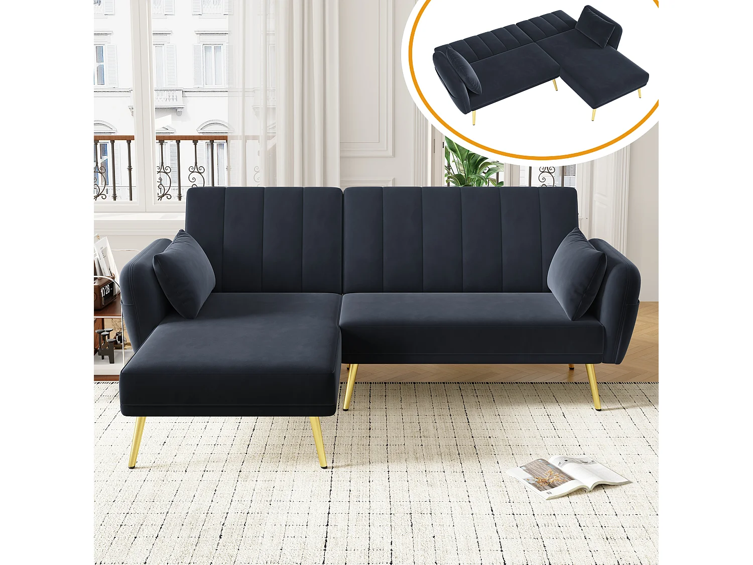 Hoekbank 191.5x130.5x80cm slaapbank modern multifunctioneel fluweel voor woonkamer zwart