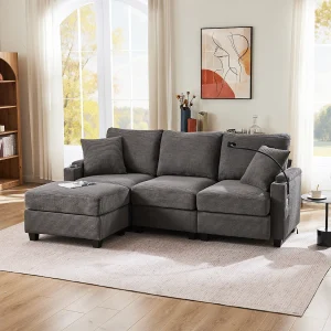Hoekbank 213.5x139x87cm Verplaatsbaar met poef Bekerhouder USB aansluiting Ribfluweel Donkergrijs Hoekbank 213.5x139x87cm Verplaatsbaar met poef Bekerhouder USB aansluiting Ribfluweel Donkergrijs