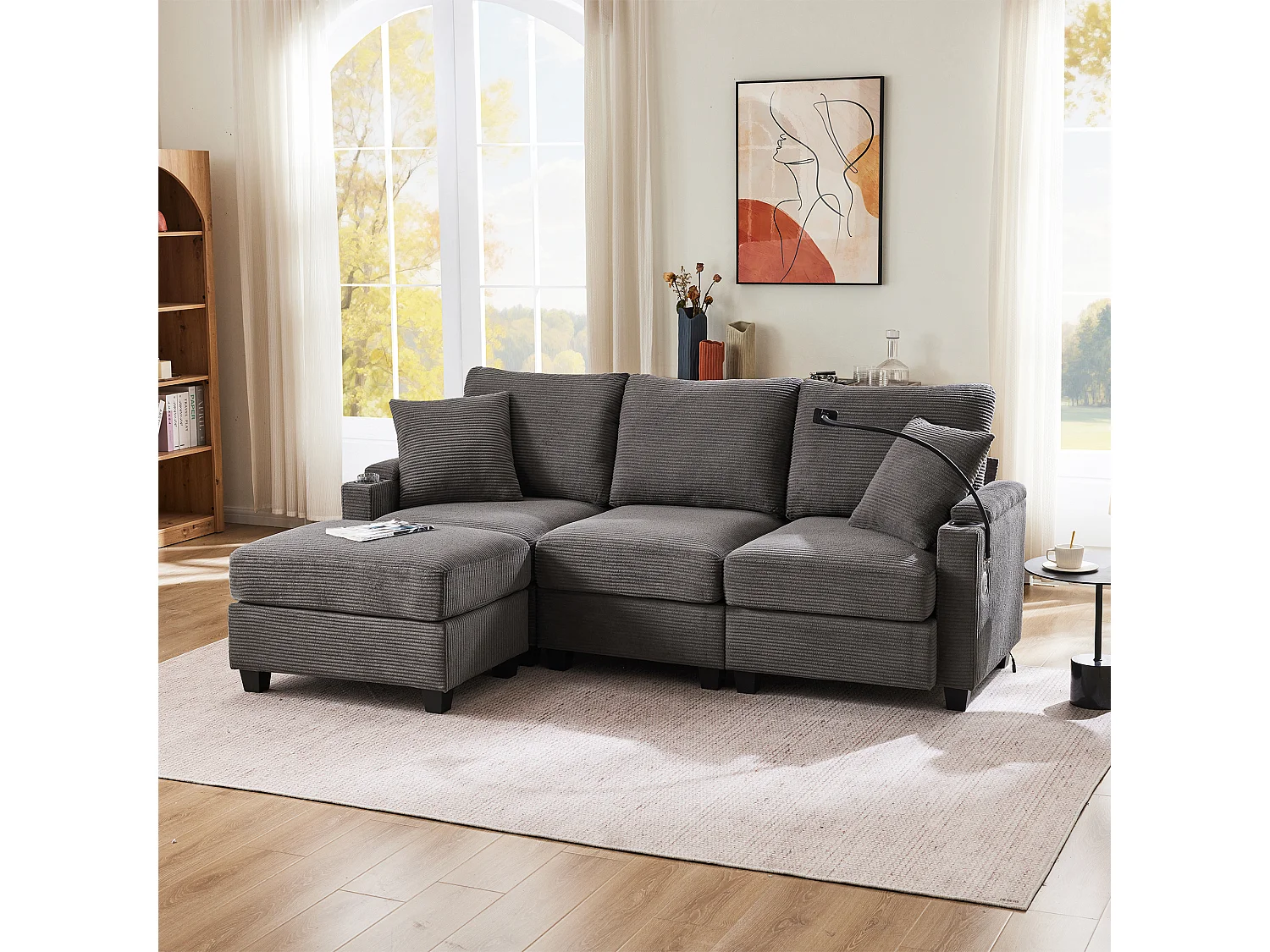Hoekbank 213.5x139x87cm Verplaatsbaar met poef Bekerhouder USB aansluiting Ribfluweel Donkergrijs
