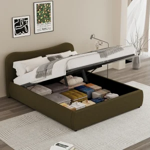 Gestoffeerd bed met opbergruimte 140x190cm design ribfluweel groen afgerond
