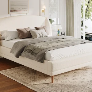 Gestoffeerd bed 140×190 cm – Poten van hevea hout – met lattenbodem – Bouclé stof – Wit (zonder matras) Gestoffeerd bed 140×190 cm – Poten van hevea hout – met lattenbodem – Bouclé stof – Wit (zonder matras)