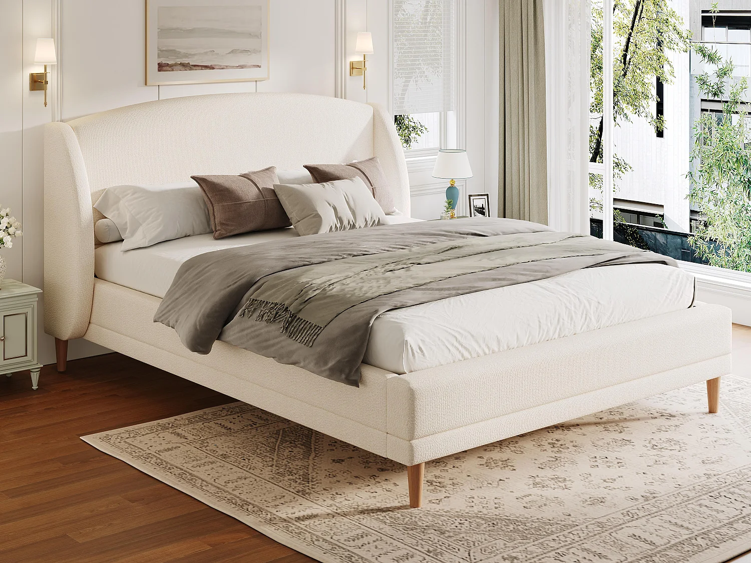 Gestoffeerd bed 140x190 cm - Poten van hevea hout - met lattenbodem - Bouclé stof - Wit (zonder matras)