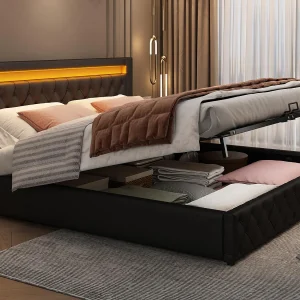 Gestoffeerd bed met opbergruimte 140×190 cm – met LED-verlichting – met opbergruimte – met lattenbodem – PU – Zwart (matras niet inbegrepen) Gestoffeerd bed met opbergruimte 140×190 cm – met LED-verlichting – met opbergruimte – met lattenbodem – PU – Zwart (matras niet inbegrepen)