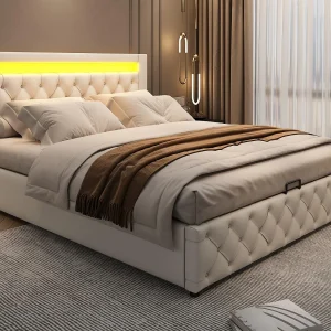 Gestoffeerd bed met opbergruimte 140×190 cm – met LED-verlichting – met opbergruimte – met lattenbodem – PU – Wit (matras niet inbegrepen) Gestoffeerd bed met opbergruimte 140×190 cm – met LED-verlichting – met opbergruimte – met lattenbodem – PU – Wit (matras niet inbegrepen)