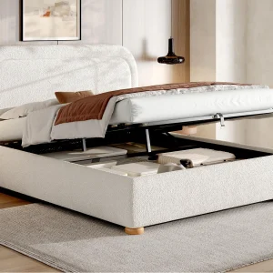 Gestoffeerd bed met opbergruimte 160×200 cm – met lattenbodem – Bouclé stof – Wit (matras niet inbegrepen) Gestoffeerd bed met opbergruimte 160×200 cm – met lattenbodem – Bouclé stof – Wit (matras niet inbegrepen)