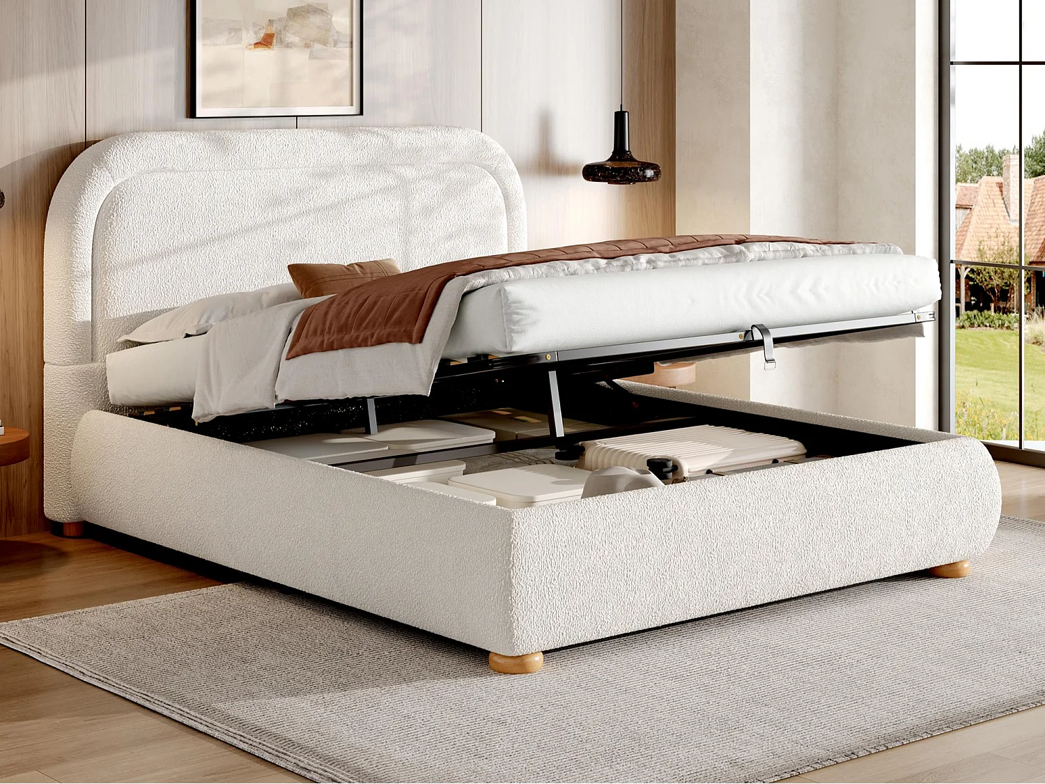 Gestoffeerd bed met opbergruimte 160x200 cm - met lattenbodem - Bouclé stof - Wit (matras niet inbegrepen)