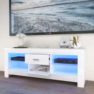 Glanzend wit tv-meubel met LED-licht, modern tv-meubel, glazen plank, 2 lades, woonkamermeubilair, 130x35x50cm