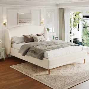 Gestoffeerd tweepersoonsbed – 140 x 190 cm – met zijhoofdeinde + stevige lattenbodem – lusvormig – wit