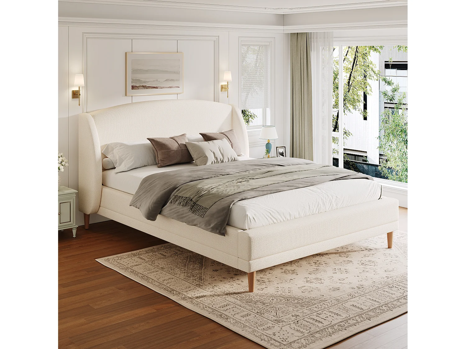 Gestoffeerd tweepersoonsbed - 140 x 190 cm - met zijhoofdeinde + stevige lattenbodem - lusvormig - wit