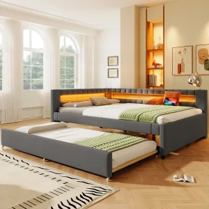 Gestoffeerd uitschuifbed – 140 x 200 cm + 90 x 190 cm – met LED-verlichting + USB + Type-C – matras niet inbegrepen – linnen + MDF – grijs Gestoffeerd uitschuifbed – 140 x 200 cm + 90 x 190 cm – met LED-verlichting + USB + Type-C – matras niet inbegrepen – linnen + MDF – grijs