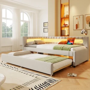 Gestoffeerd uitschuifbed – 90 x 200 cm + 90 x 190 cm – met LED-verlichting + USB + Type-C – matras niet inbegrepen – linnen + MDF – beige Gestoffeerd uitschuifbed – 90 x 200 cm + 90 x 190 cm – met LED-verlichting + USB + Type-C – matras niet inbegrepen – linnen + MDF – beige