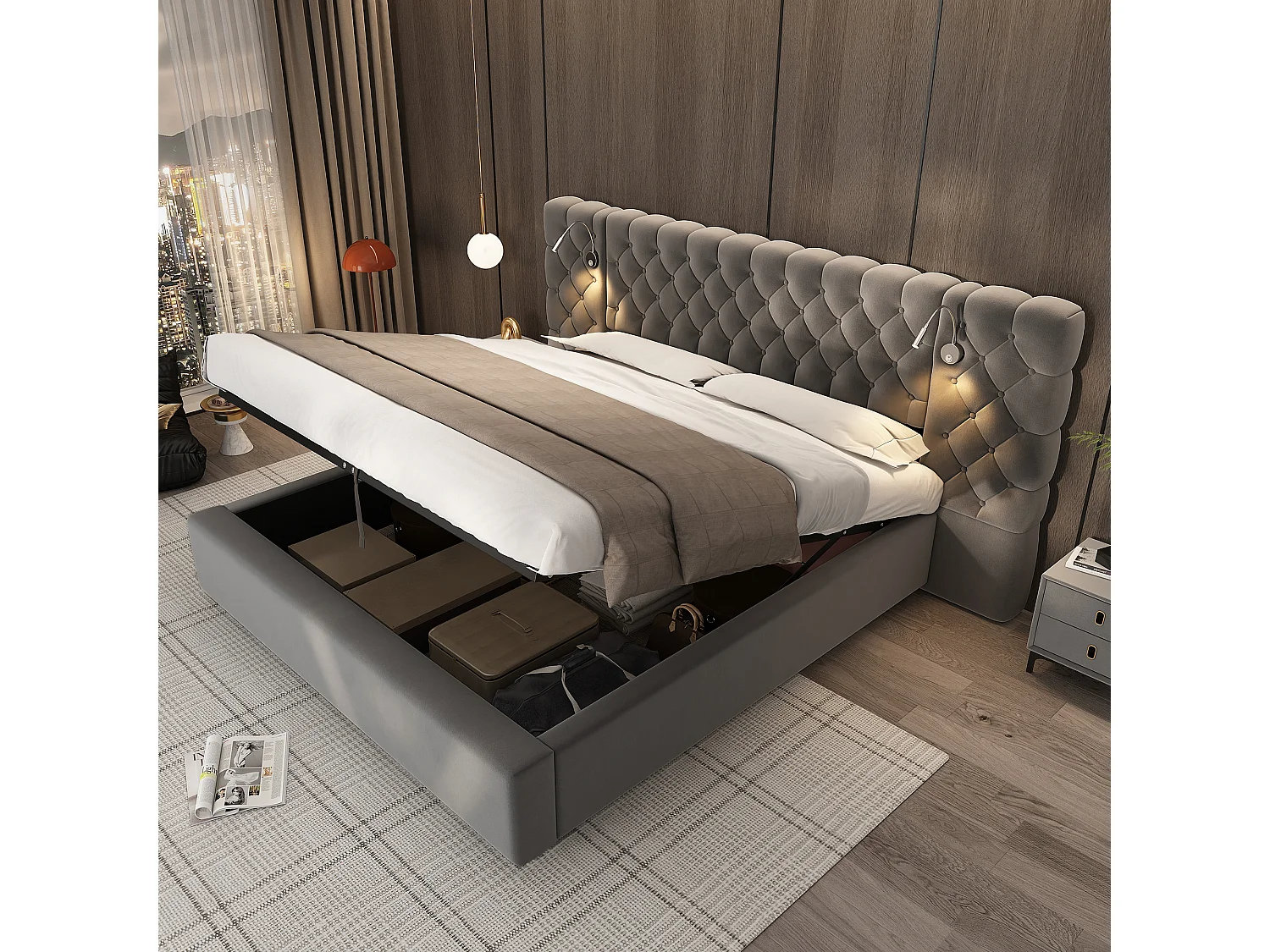 Gestoffeerd opbergbed - 160 x 200 cm - met hoofdbord + LED-verlichting + hydraulische opbergruimte - Fluweel - grijs