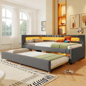 Gestoffeerd uitschuifbed – 90 x 200 cm + 90 x 190 cm – met LED-verlichting + USB + Type-C – zonder matras – linnen + MDF – grijs Gestoffeerd uitschuifbed – 90 x 200 cm + 90 x 190 cm – met LED-verlichting + USB + Type-C – zonder matras – linnen + MDF – grijs