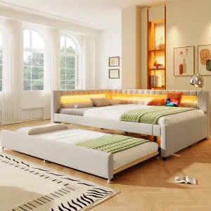 Gestoffeerd uitschuifbed – 140 x 200 cm + 90 x 190 cm – met LED-verlichting + USB + Type-C – matras niet inbegrepen – linnen + MDF – beige Gestoffeerd uitschuifbed – 140 x 200 cm + 90 x 190 cm – met LED-verlichting + USB + Type-C – matras niet inbegrepen – linnen + MDF – beige