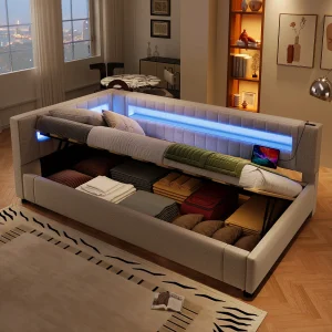 Gestoffeerd opbergbed – 90 x 200 cm – met LED's + USB + Type-C + hydraulische opbergruimte – linnen + MDF – beige Gestoffeerd opbergbed – 90 x 200 cm – met LED's + USB + Type-C + hydraulische opbergruimte – linnen + MDF – beige