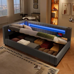 Gestoffeerd opbergbed – 90 x 200 cm – met LED's + USB + Type-C + hydraulische opbergruimte – linnen + MDF – grijs Gestoffeerd opbergbed – 90 x 200 cm – met LED's + USB + Type-C + hydraulische opbergruimte – linnen + MDF – grijs