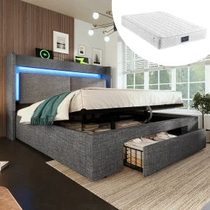 Gestoffeerd hydraulisch opbergbed – 140 x 200 cm – met opbergbaar hoofdeinde + LED's + USB + lade – linnen – grijs (inclusief matras) Gestoffeerd hydraulisch opbergbed – 140 x 200 cm – met opbergbaar hoofdeinde + LED's + USB + lade – linnen – grijs (inclusief matras)
