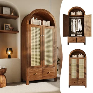 Gevlochten rotan kledingkast – 78 x 45 x 181 cm – landelijke stijl met walnootafwerking – met 2 deuren + 2 lades – hout – donker naturel Gevlochten rotan kledingkast – 78 x 45 x 181 cm – landelijke stijl met walnootafwerking – met 2 deuren + 2 lades – hout – donker naturel
