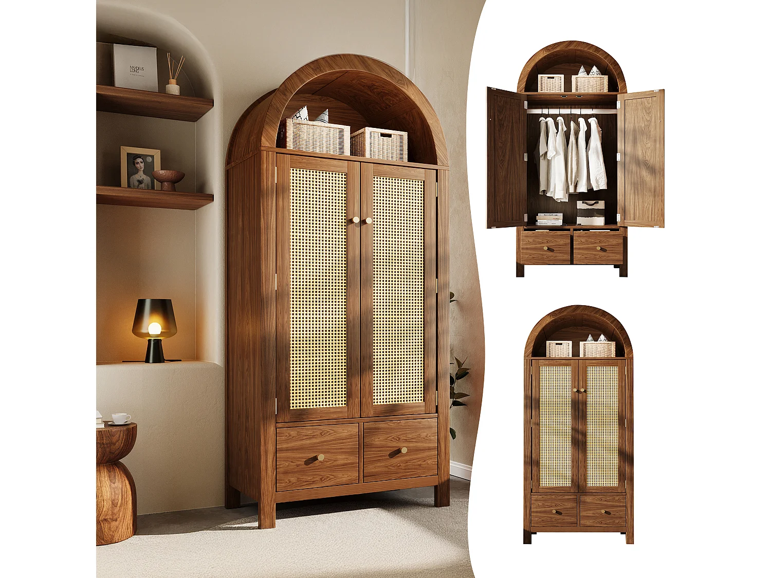 Gevlochten rotan kledingkast - 78 x 45 x 181 cm - landelijke stijl met walnootafwerking - met 2 deuren + 2 lades - hout - donker naturel