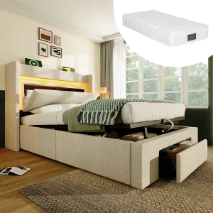 Gestoffeerd hydraulisch opbergbed – 90 x 200 cm – met opbergbaar hoofdeinde + LED's + USB + lade – linnen – beige (inclusief matras)