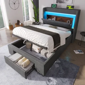 Gestoffeerd hydraulisch opbergbed – 90 x 200 cm – met opbergbaar hoofdeinde + LED's + USB + lade – linnen – grijs