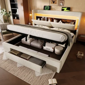Gestoffeerd hydraulisch opbergbed – 180 x 200 cm – met opbergbaar hoofdeinde + LED's + USB + lade – linnen – beige Gestoffeerd hydraulisch opbergbed – 180 x 200 cm – met opbergbaar hoofdeinde + LED's + USB + lade – linnen – beige
