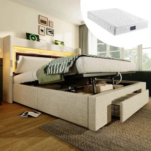 Gestoffeerd hydraulisch opbergbed – 160 x 200 cm – met opbergbaar hoofdeinde + LED's + USB + lade – linnen – beige (inclusief matras) Gestoffeerd hydraulisch opbergbed – 160 x 200 cm – met opbergbaar hoofdeinde + LED's + USB + lade – linnen – beige (inclusief matras)