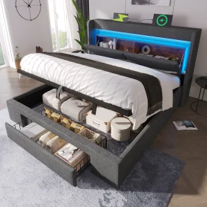 Gestoffeerd hydraulisch opbergbed – 180 x 200 cm – met opbergbaar hoofdeinde + LED's + USB + lade – linnen – grijs