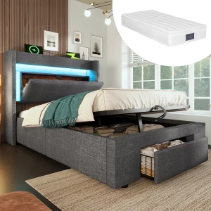 Gestoffeerd hydraulisch opbergbed – 90 x 200 cm – met opbergbaar hoofdeinde + LED's + USB + lade – linnen – grijs (inclusief matras)