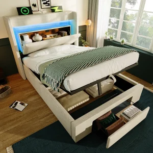 Gestoffeerd hydraulisch opbergbed – 90 x 200 cm – met opbergbaar hoofdeinde + LED's + USB + lade – linnen – beige