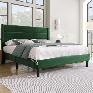 Gestoffeerd bed 140×200 cm, fluweel donkergroen, modern design, met lattenbodem en hoofdbord. Gestoffeerd bed 140×200 cm, fluweel donkergroen, modern design, met lattenbodem en hoofdbord.