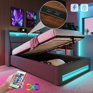 Gestoffeerd bed 90x200cm met USB & LED, eenpersoonsbed van linnen (zonder matras)