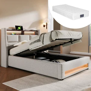Gestoffeerd bed 90x200cm met USB, LED, lattenbodem & matras